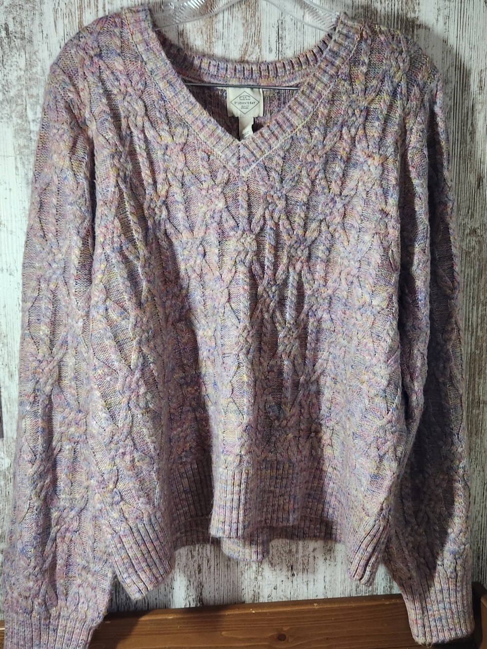 St. John's Bay Lavender Multi-Color Marled Cable Knit V Neck Sweater Size XL